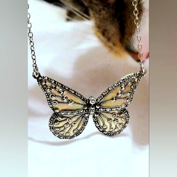 Art Nouveau Plique-a-Jour Enamel Sterling Marcasite Butterfly Necklace Vintage - Picture 4 of 8